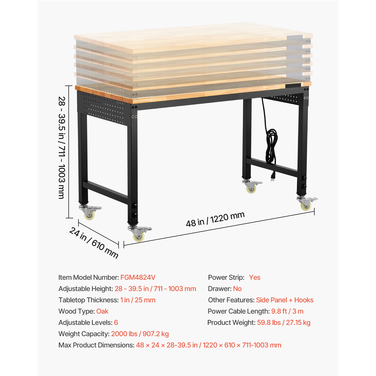 48" Workbench On Wheels Adjustable Height Table With Power Outlet & Pegboard_voghion.com